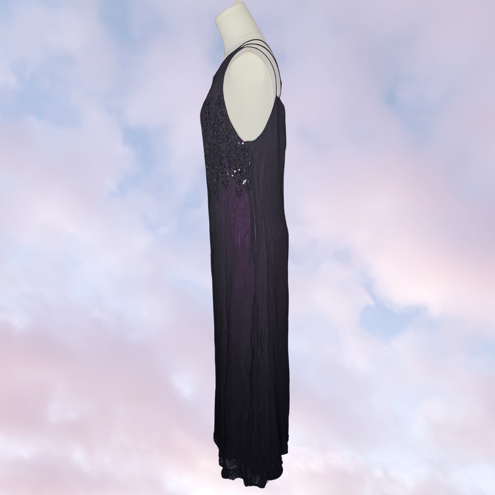 Vintage Nostalgia Black Purple Beaded Sequins Strappy Boho Rayon Maxi Dress L - Picture 3 of 9